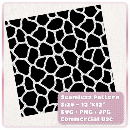 Tileable seamless giraffe print digital paper pattern shown on a 12 by 12 inch square with SVG PNG JPG commercial use details.
