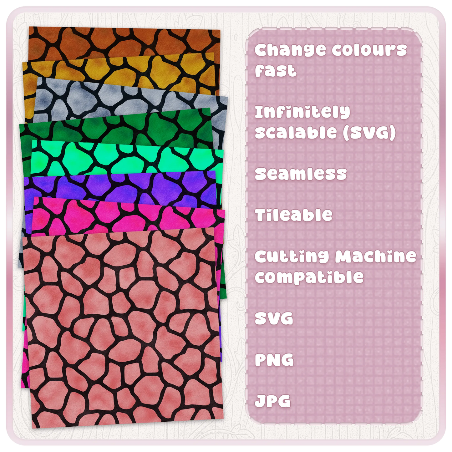 Giraffe animal print pattern colour examples showing multiple editable safari spot designs for SVG PNG JPG digital download.