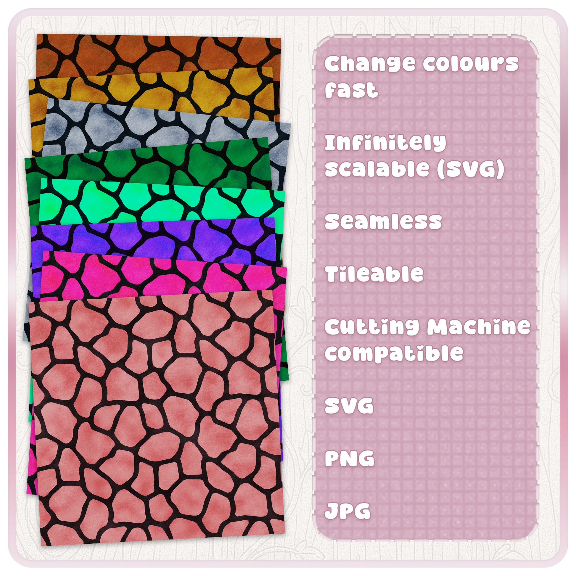 Giraffe animal print pattern colour examples showing multiple editable safari spot designs for SVG PNG JPG digital download.