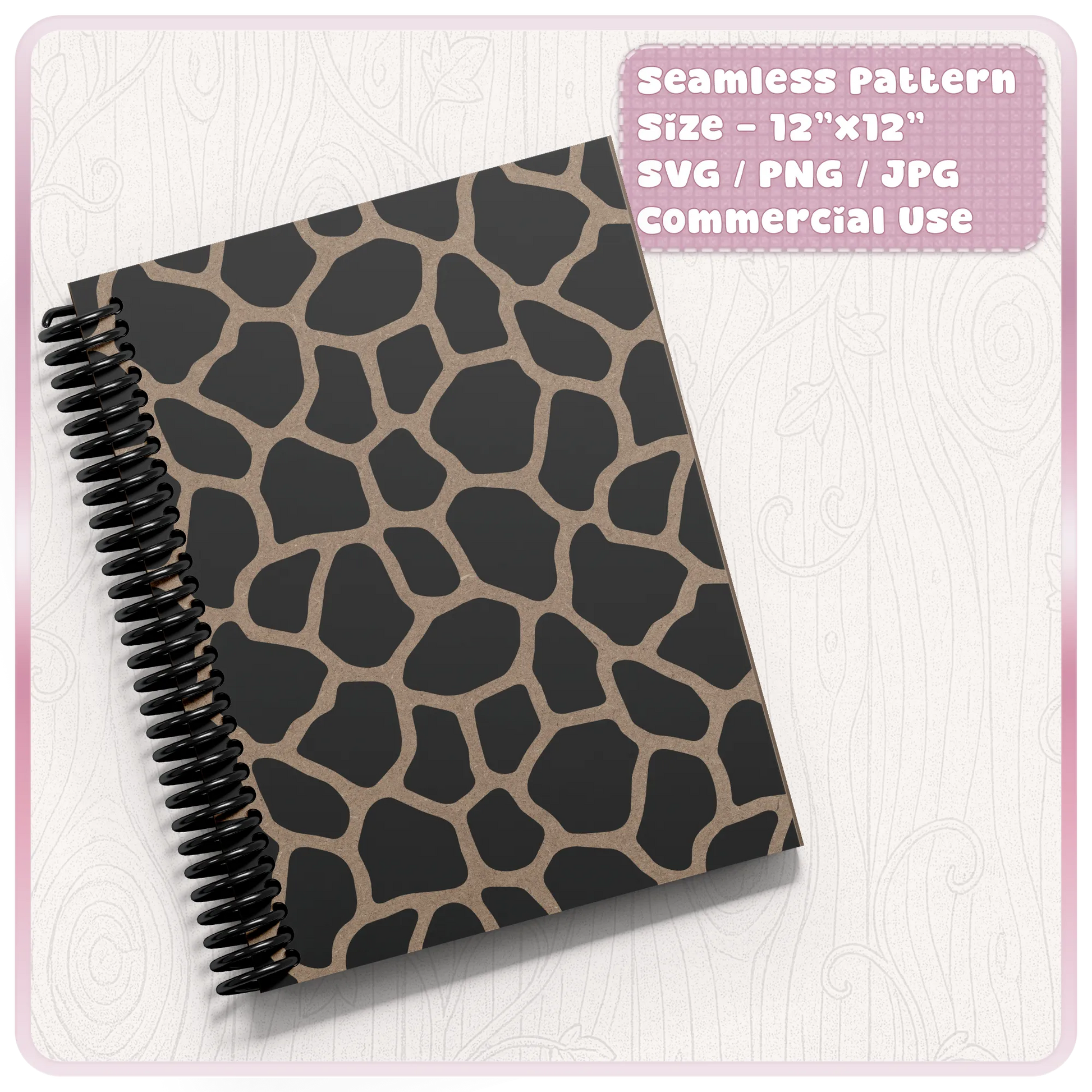 Seamless giraffe print pattern displayed on a spiral notebook mockup for stationery, planner covers and print-on-demand products.