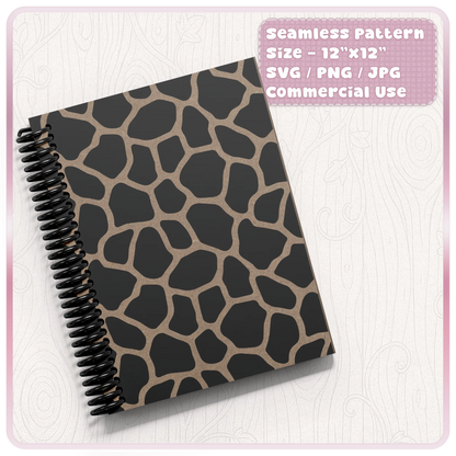 Seamless giraffe print pattern displayed on a spiral notebook mockup for stationery, planner covers and print-on-demand products.