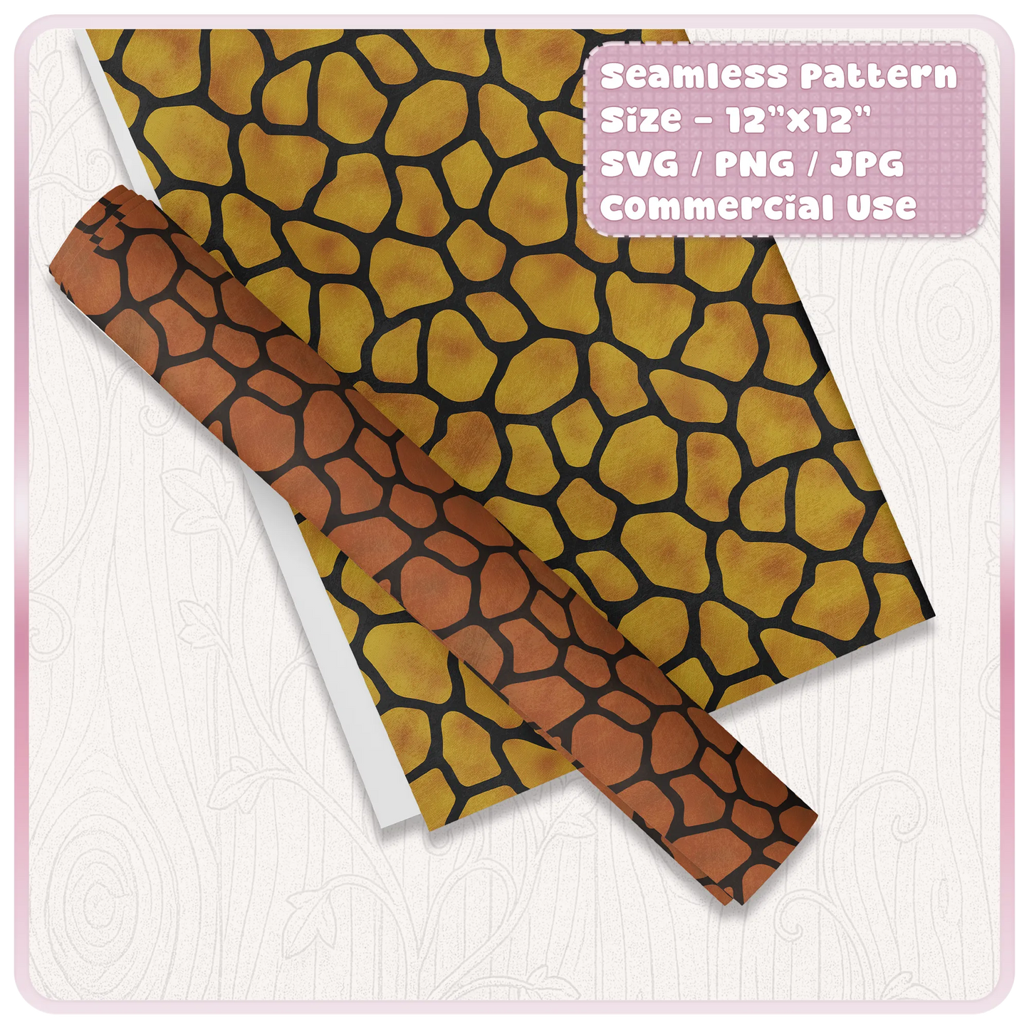 Giraffe safari animal print digital paper shown on printed sheets and strips for scrapbooking, packaging and craft projects.