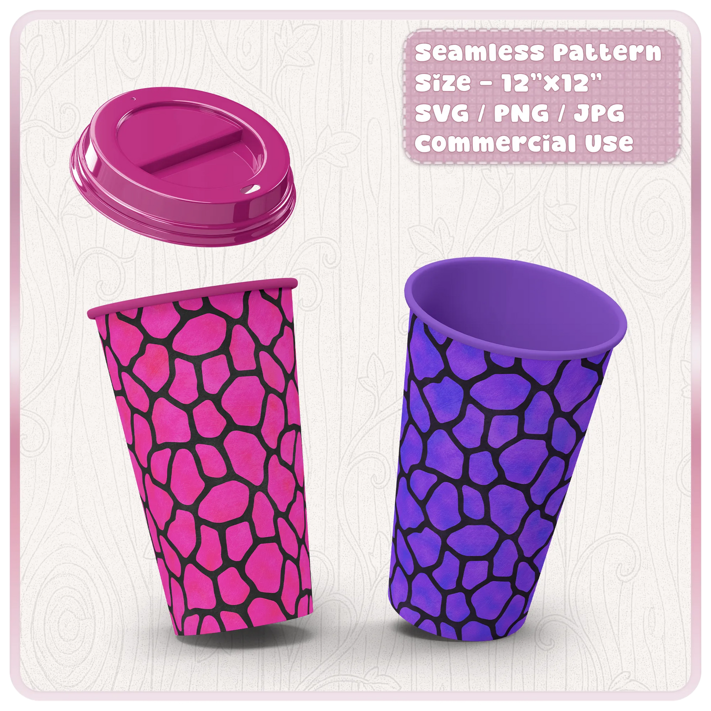 Giraffe print pattern mockup on pink and purple tumbler cups for sublimation, cup wraps and custom drinkware designs.