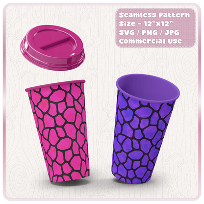 Giraffe print pattern mockup on pink and purple tumbler cups for sublimation, cup wraps and custom drinkware designs.