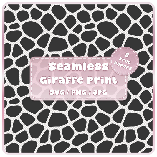 Seamless giraffe print pattern SVG PNG JPG digital download with black animal print patches and 8 colour examples