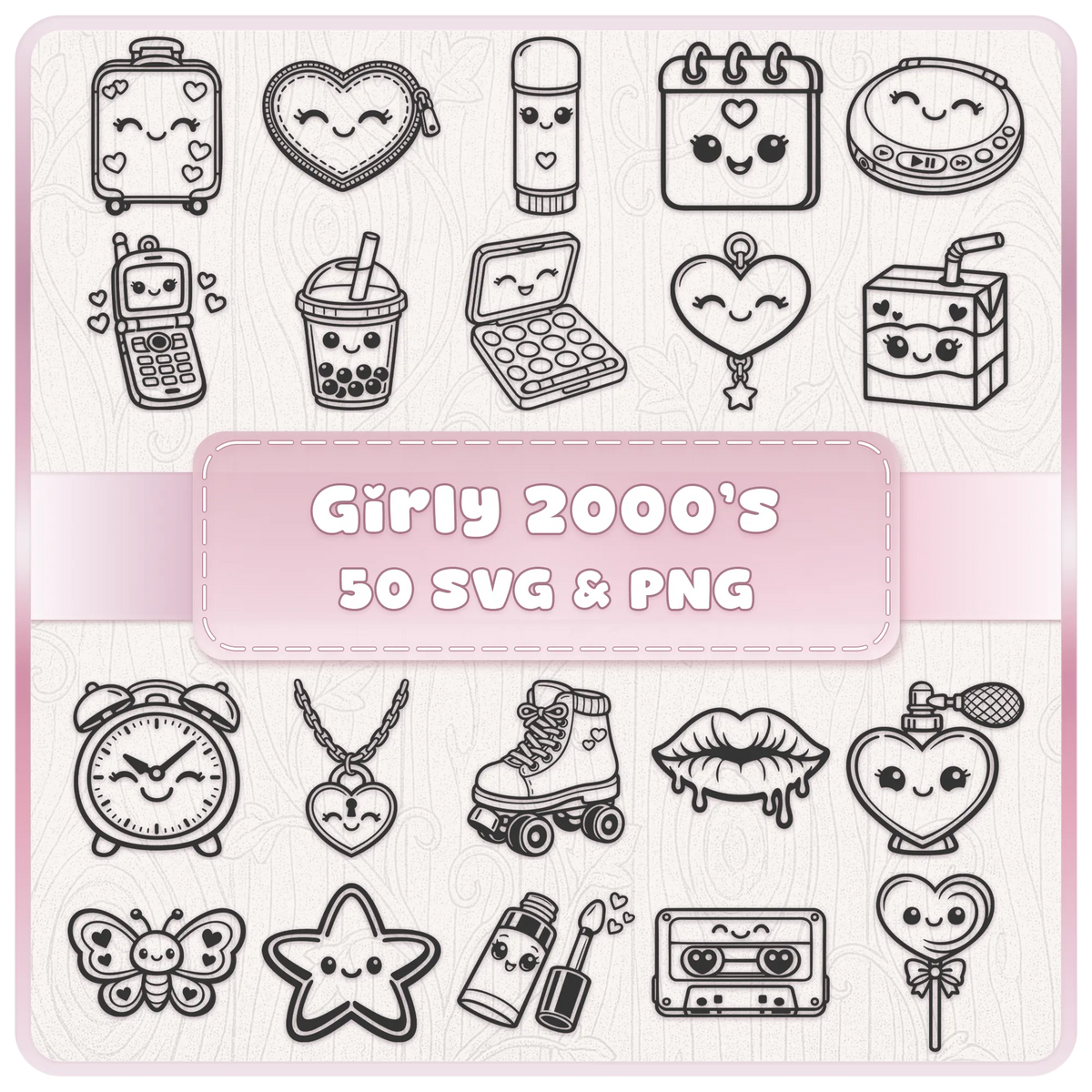 Girly 2000s SVG PNG bundle with 50 cute Y2K clipart designs including flip phone, cassette, roller skate, hearts and retro accessories