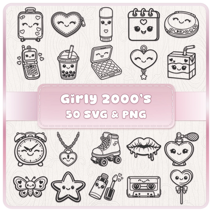 Girly 2000s SVG PNG bundle with 50 cute Y2K clipart designs including flip phone, cassette, roller skate, hearts and retro accessories