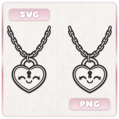 Y2K heart padlock necklace SVG and PNG clipart with cute kawaii face from Girly 2000s digital download bundle