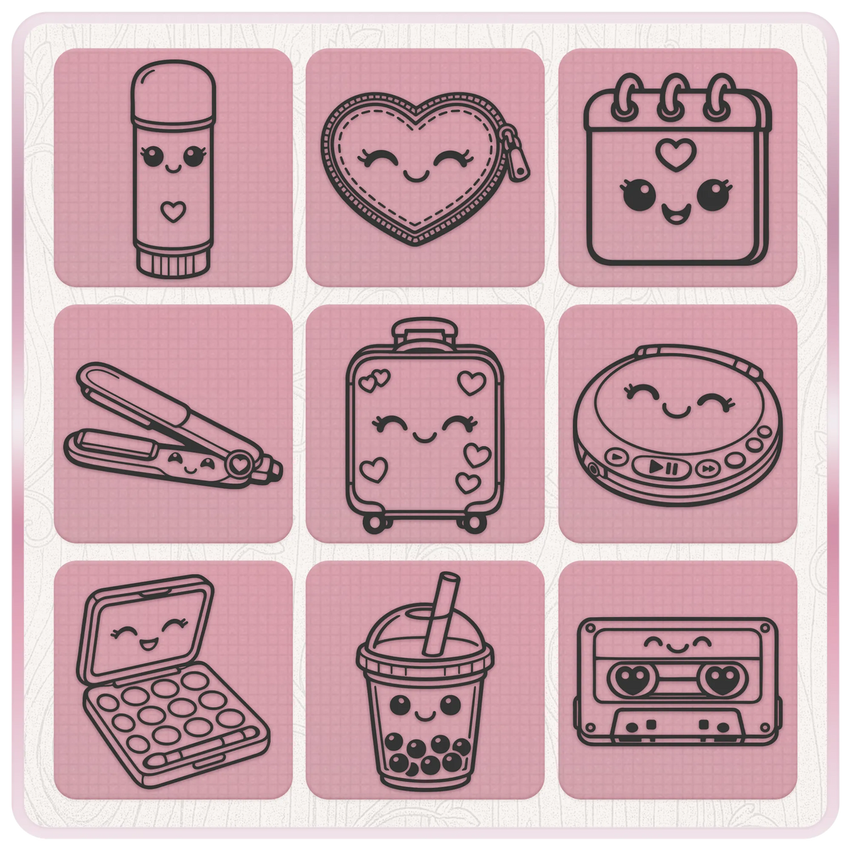 Girly 2000s SVG clipart featuring lip balm, heart purse, calendar, hair straighteners, suitcase, CD player, makeup palette, bubble tea and cassette