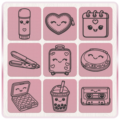 Girly 2000s SVG clipart featuring lip balm, heart purse, calendar, hair straighteners, suitcase, CD player, makeup palette, bubble tea and cassette
