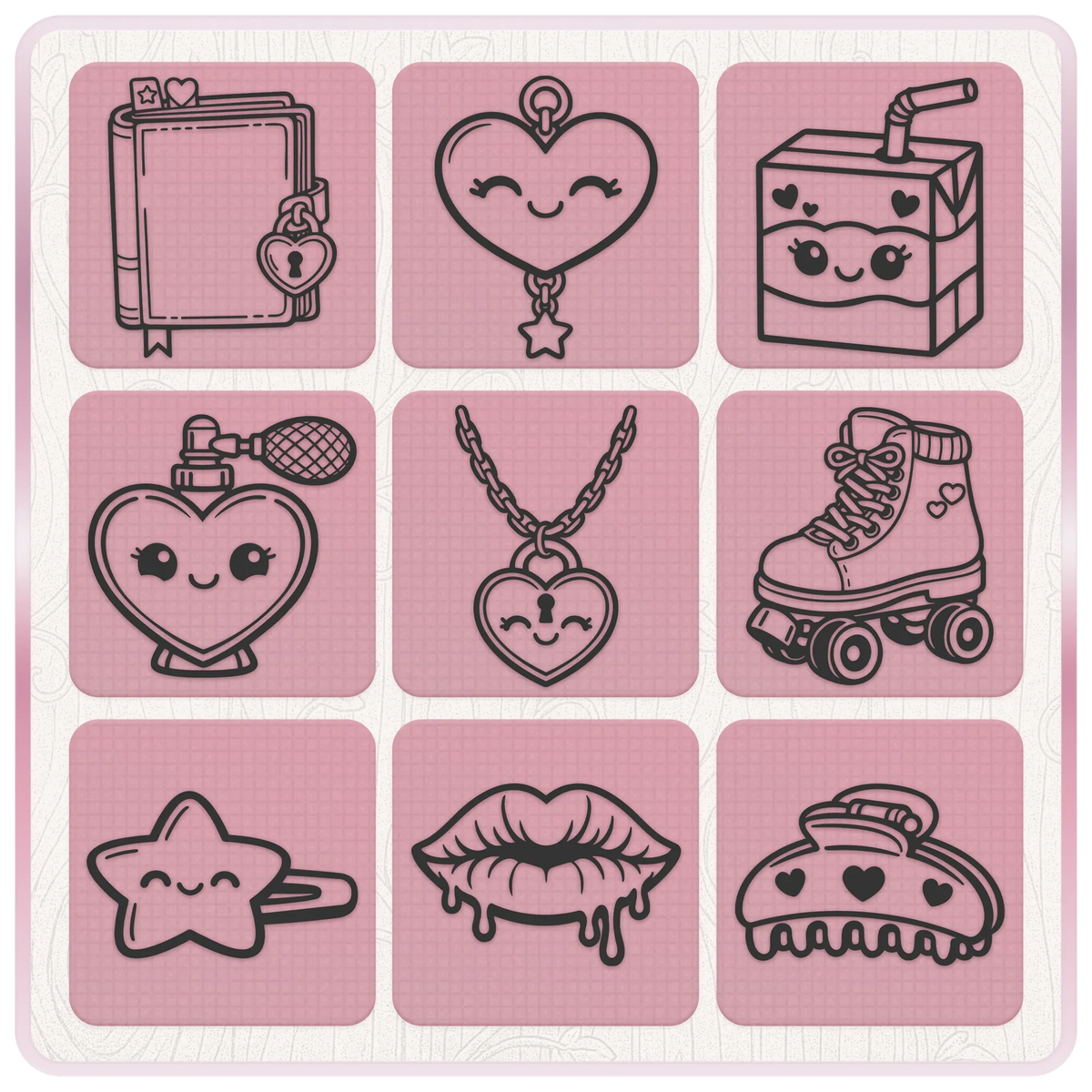 Cute Y2K SVG designs featuring journal, heart charm, juice box, heart perfume, padlock necklace, roller skate, star hair clip and lips