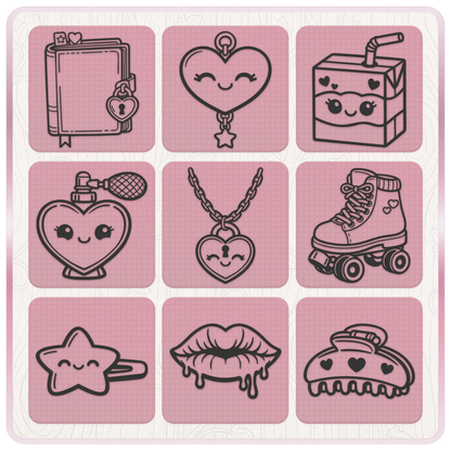 Cute Y2K SVG designs featuring journal, heart charm, juice box, heart perfume, padlock necklace, roller skate, star hair clip and lips