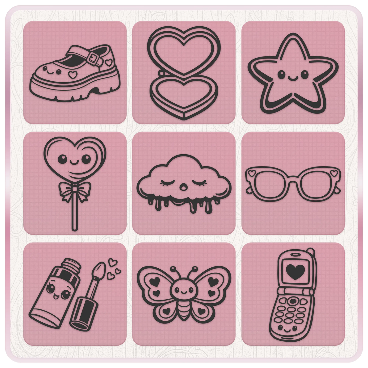 Girly Y2K clipart featuring chunky shoe, heart compact, cute star, heart lollipop, cloud, sunglasses, lip gloss, butterfly and flip phone