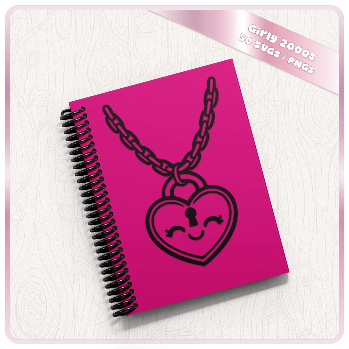 Girly 2000s heart padlock SVG shown on pink notebook mockup for Y2K Cricut, vinyl, stationery and retro craft projects