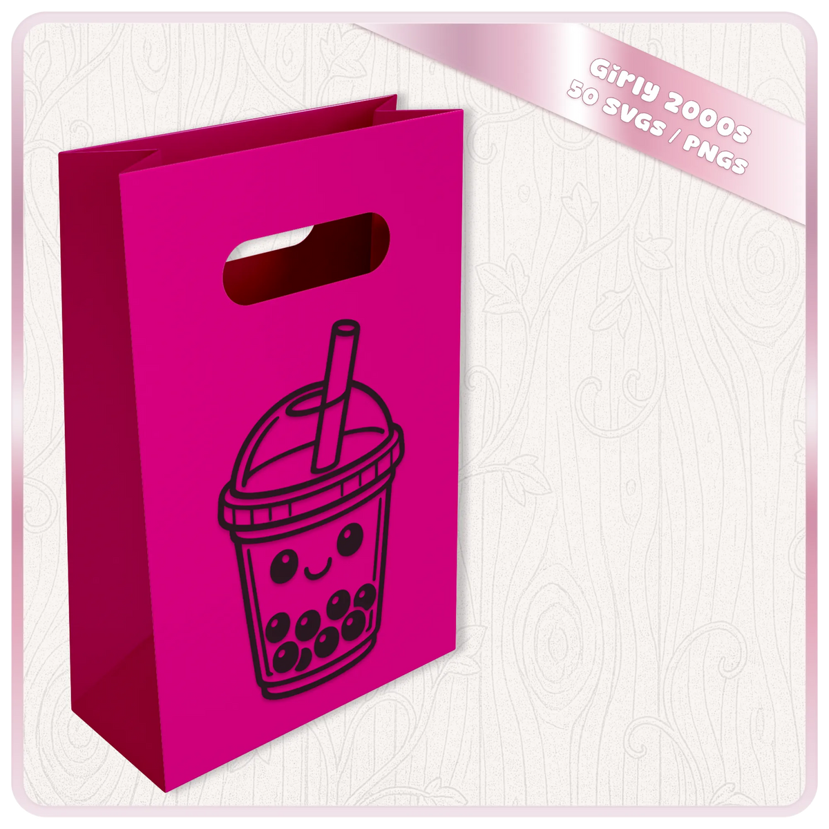 Cute Y2K bubble tea SVG shown on bright pink gift bag mockup from Girly 2000s SVG and PNG clipart bundle