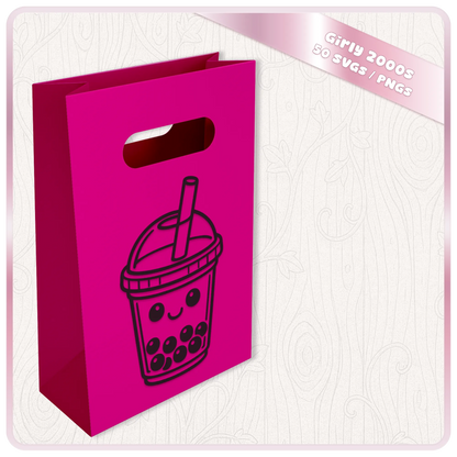 Cute Y2K bubble tea SVG shown on bright pink gift bag mockup from Girly 2000s SVG and PNG clipart bundle