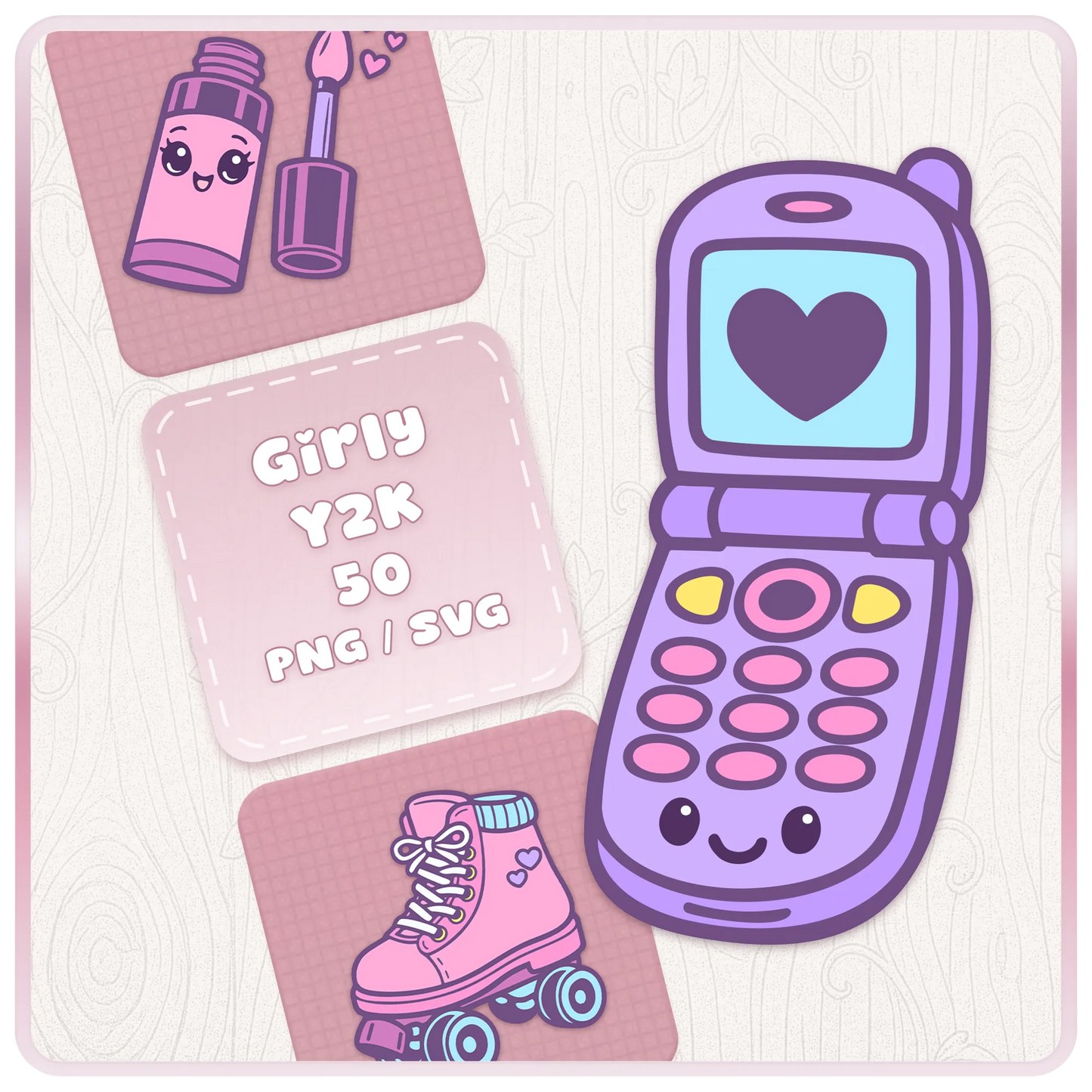 Girly Y2K SVG PNG clipart bundle preview with pastel flip phone, lip gloss, roller skate, and cute retro 2000s graphics.