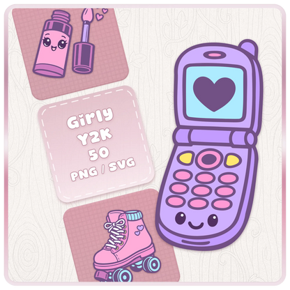Girly Y2K SVG PNG clipart bundle preview with pastel flip phone, lip gloss, roller skate, and cute retro 2000s graphics.