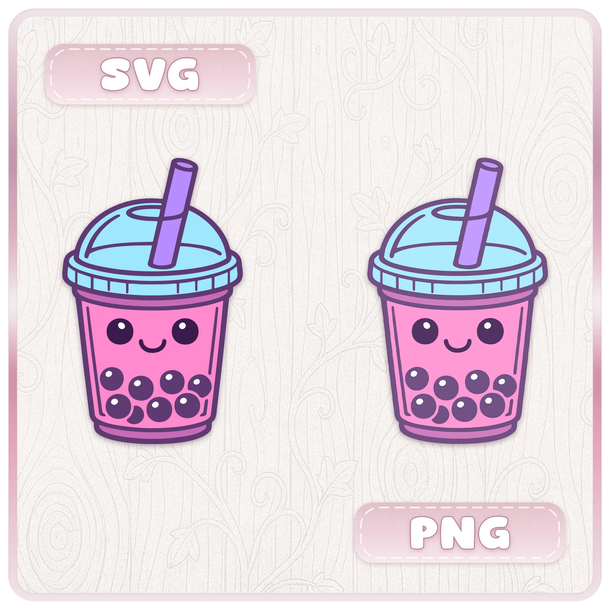 SVG and PNG file format preview featuring cute pink bubble tea Y2K clipart with kawaii face and pastel colors.