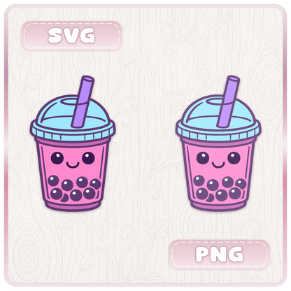 SVG and PNG file format preview featuring cute pink bubble tea Y2K clipart with kawaii face and pastel colors.