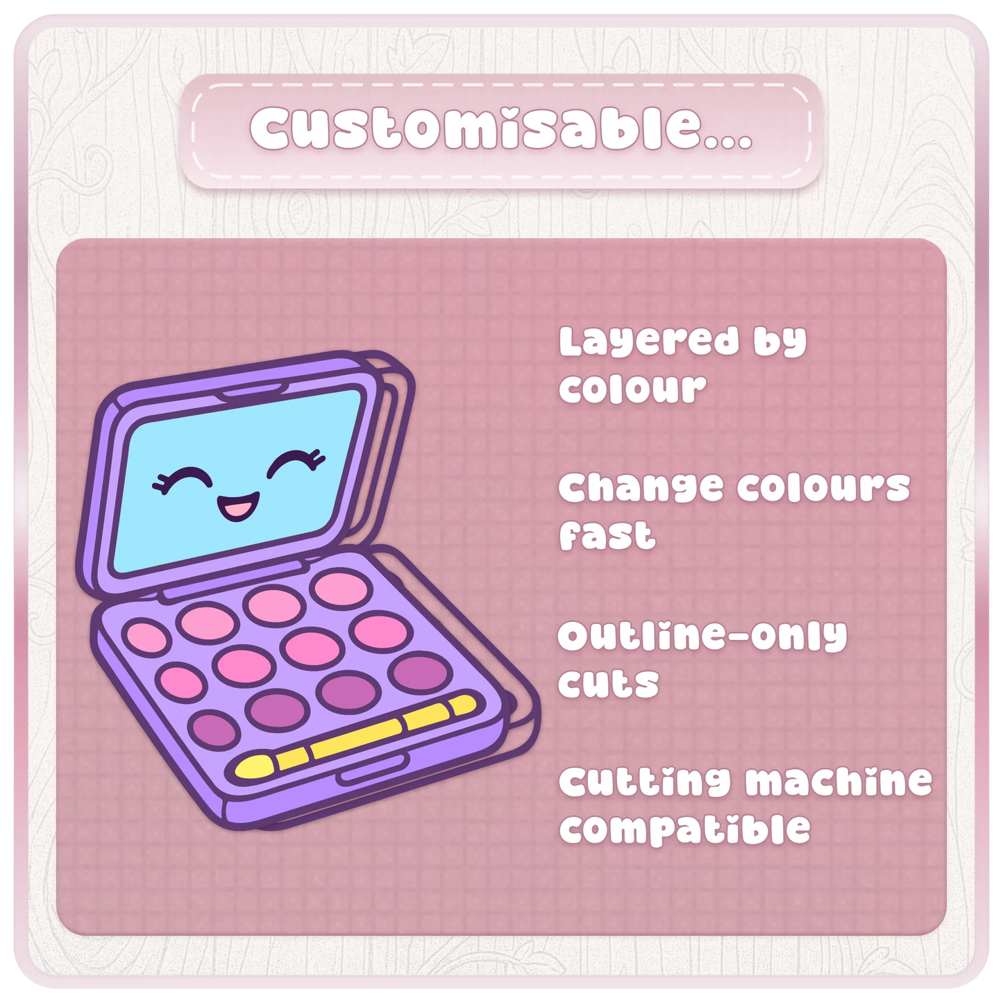 Customisable Girly Y2K SVG clipart preview showing layered color design, outline-only cuts, and cutting machine compatible files.