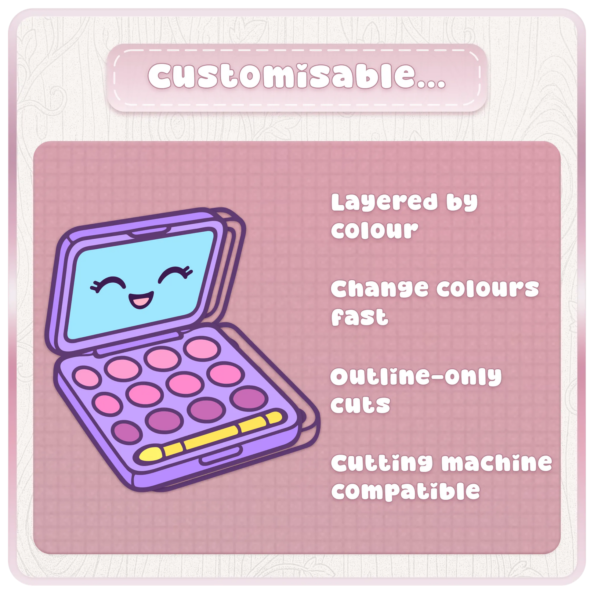 Customisable Girly Y2K SVG clipart preview showing layered color design, outline-only cuts, and cutting machine compatible files.