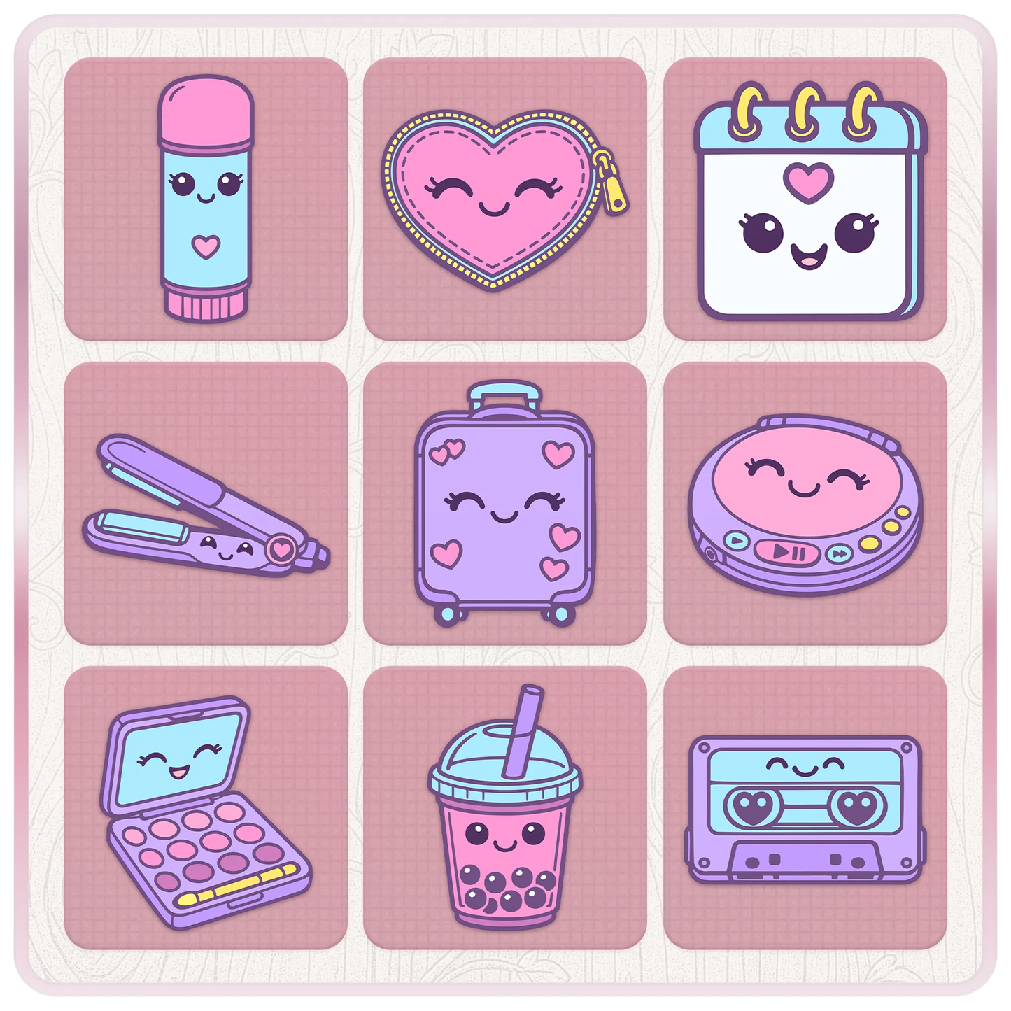 Girly Y2K clipart bundle preview with cute pastel icons including makeup, heart purse, calendar, straightener, suitcase, CD player, bubble tea, cassette tape, and makeup palette.