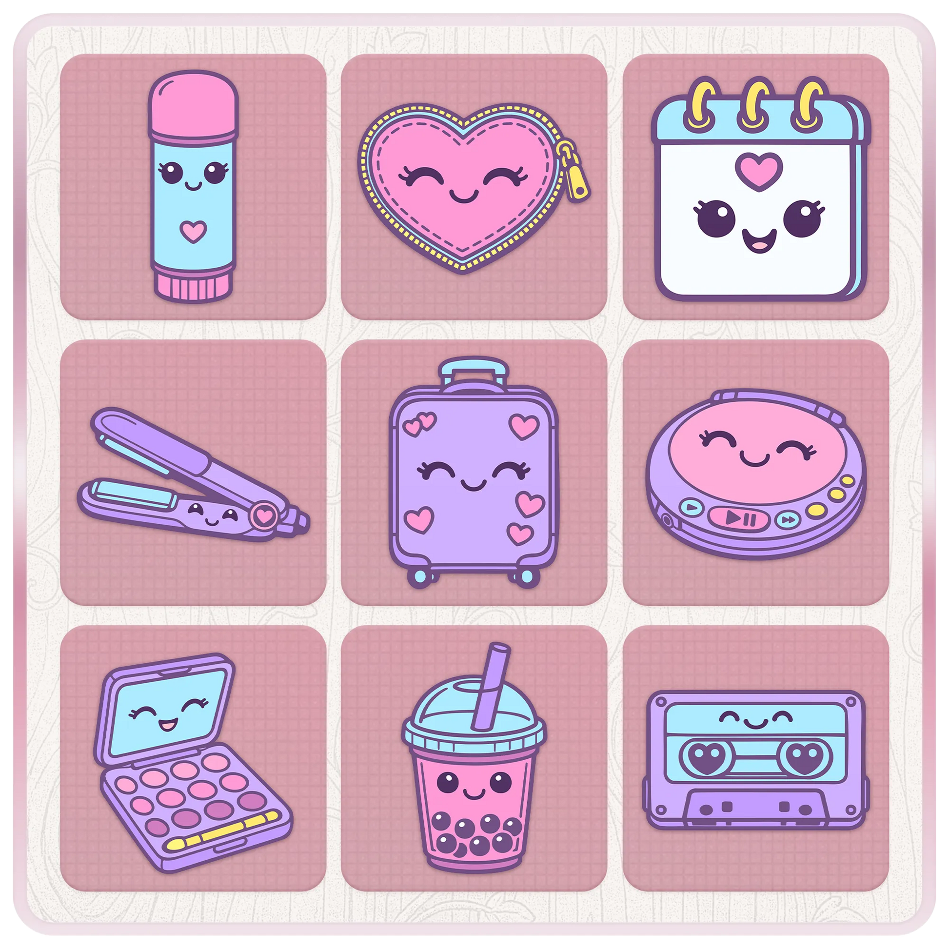 Girly Y2K clipart bundle preview with cute pastel icons including makeup, heart purse, calendar, straightener, suitcase, CD player, bubble tea, cassette tape, and makeup palette.