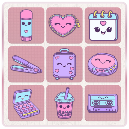Girly Y2K clipart bundle preview with cute pastel icons including makeup, heart purse, calendar, straightener, suitcase, CD player, bubble tea, cassette tape, and makeup palette.