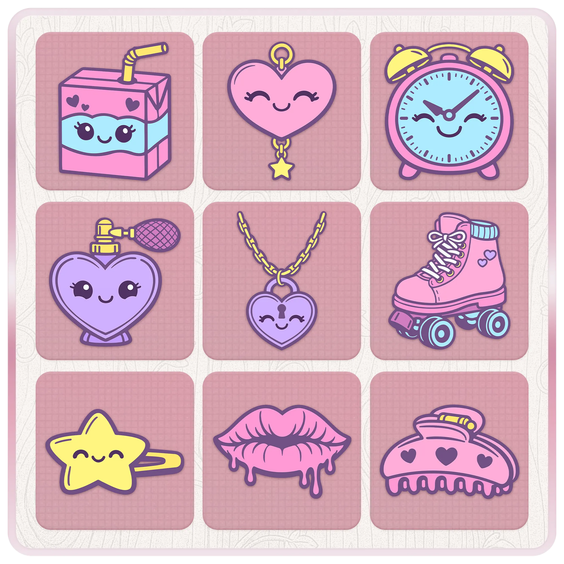 Cute Girly Y2K SVG PNG bundle preview featuring retro 2000s clipart icons including juice box, heart charm, alarm clock, perfume, necklace, roller skate, star clip, lips, and hair clip.