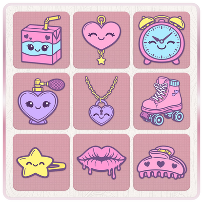 Cute Girly Y2K SVG PNG bundle preview featuring retro 2000s clipart icons including juice box, heart charm, alarm clock, perfume, necklace, roller skate, star clip, lips, and hair clip.