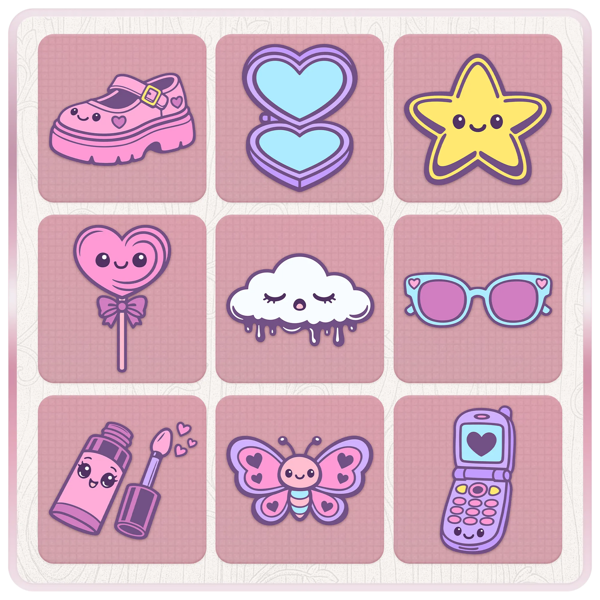 Pastel Girly Y2K digital clipart preview with cute kawaii shoe, heart compact, star, lollipop, cloud, sunglasses, lip gloss, butterfly, and flip phone designs.