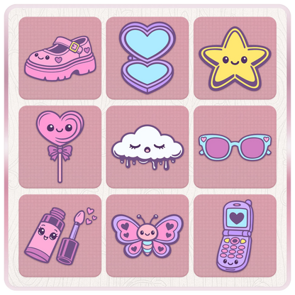 Pastel Girly Y2K digital clipart preview with cute kawaii shoe, heart compact, star, lollipop, cloud, sunglasses, lip gloss, butterfly, and flip phone designs.