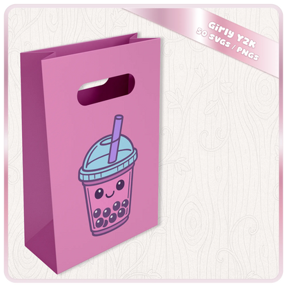 Girly Y2K SVG and PNG mockup showing cute bubble tea clipart printed on a pink gift bag for DIY crafts and small business projects.
