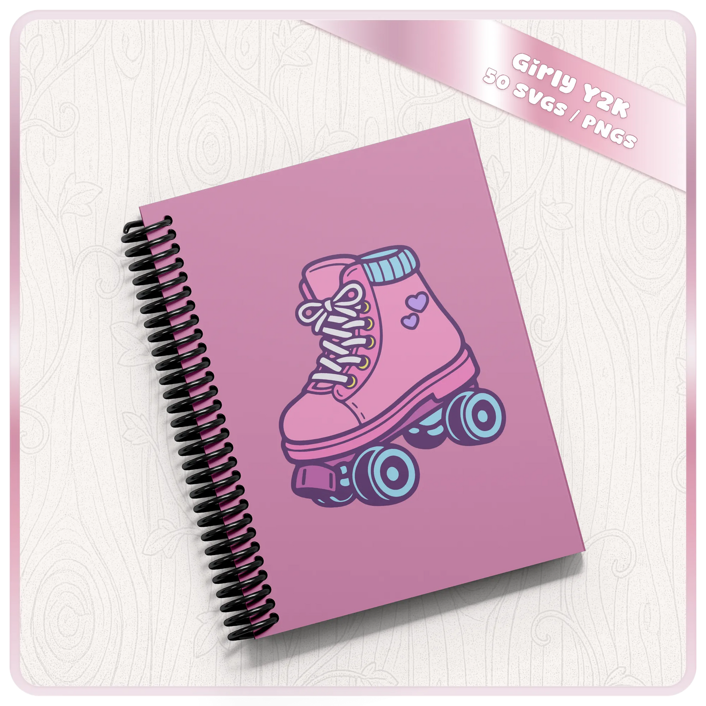 Girly Y2K SVG and PNG mockup featuring pink roller skate clipart on a spiral notebook cover for printable and craft projects.