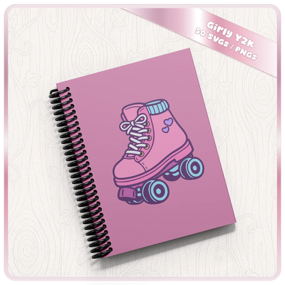 Girly Y2K SVG and PNG mockup featuring pink roller skate clipart on a spiral notebook cover for printable and craft projects.