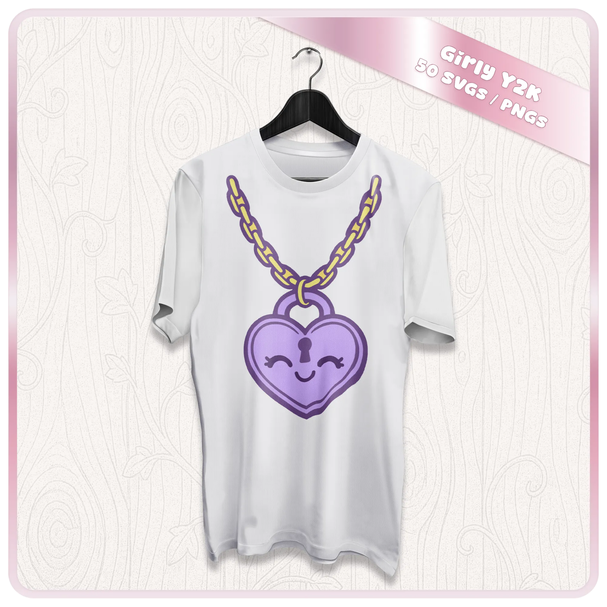 Girly Y2K SVG PNG mockup showing purple heart lock necklace clipart on a white t-shirt for sublimation, vinyl, and apparel design.