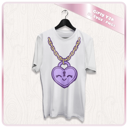Girly Y2K SVG PNG mockup showing purple heart lock necklace clipart on a white t-shirt for sublimation, vinyl, and apparel design.