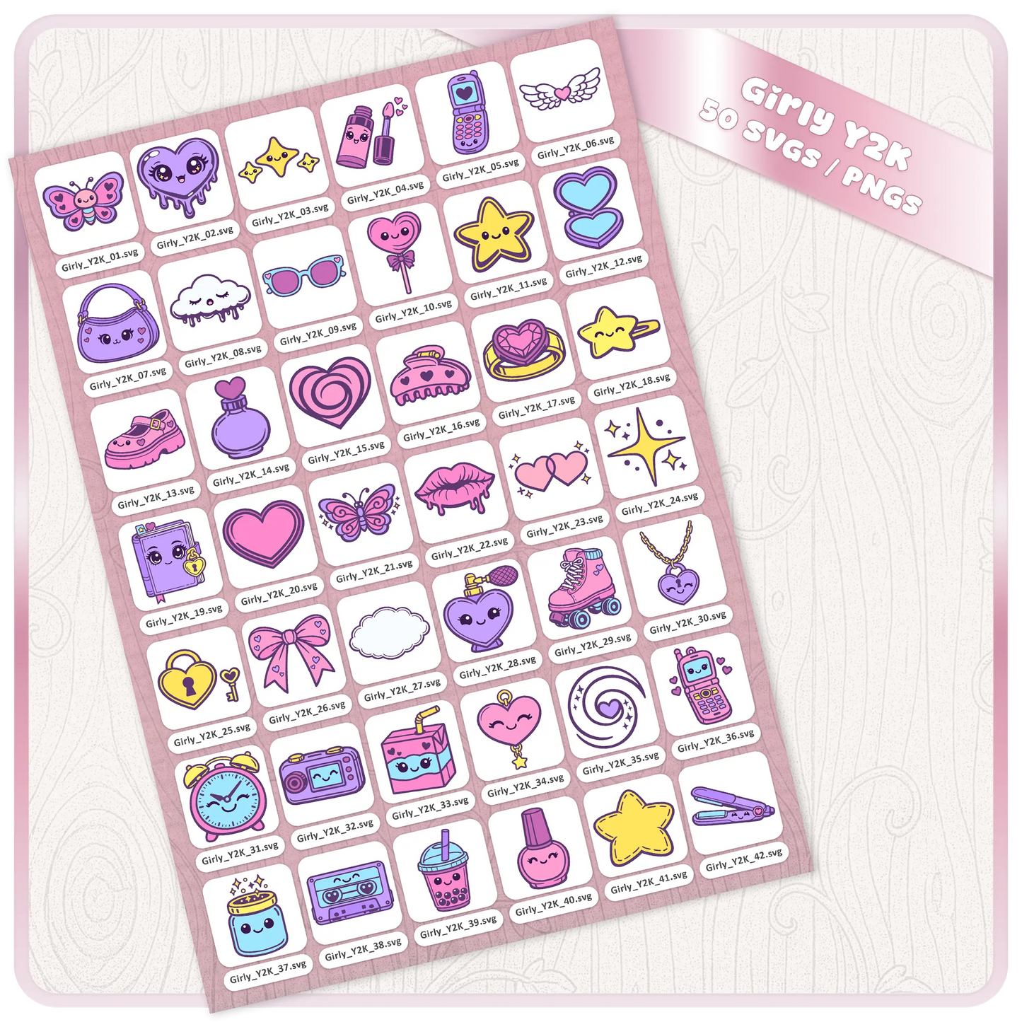 Girly Y2K 50 SVG PNG bundle preview sheet showing cute kawaii pastel clipart files for Cricut, stickers, sublimation, planners, and digital crafts.