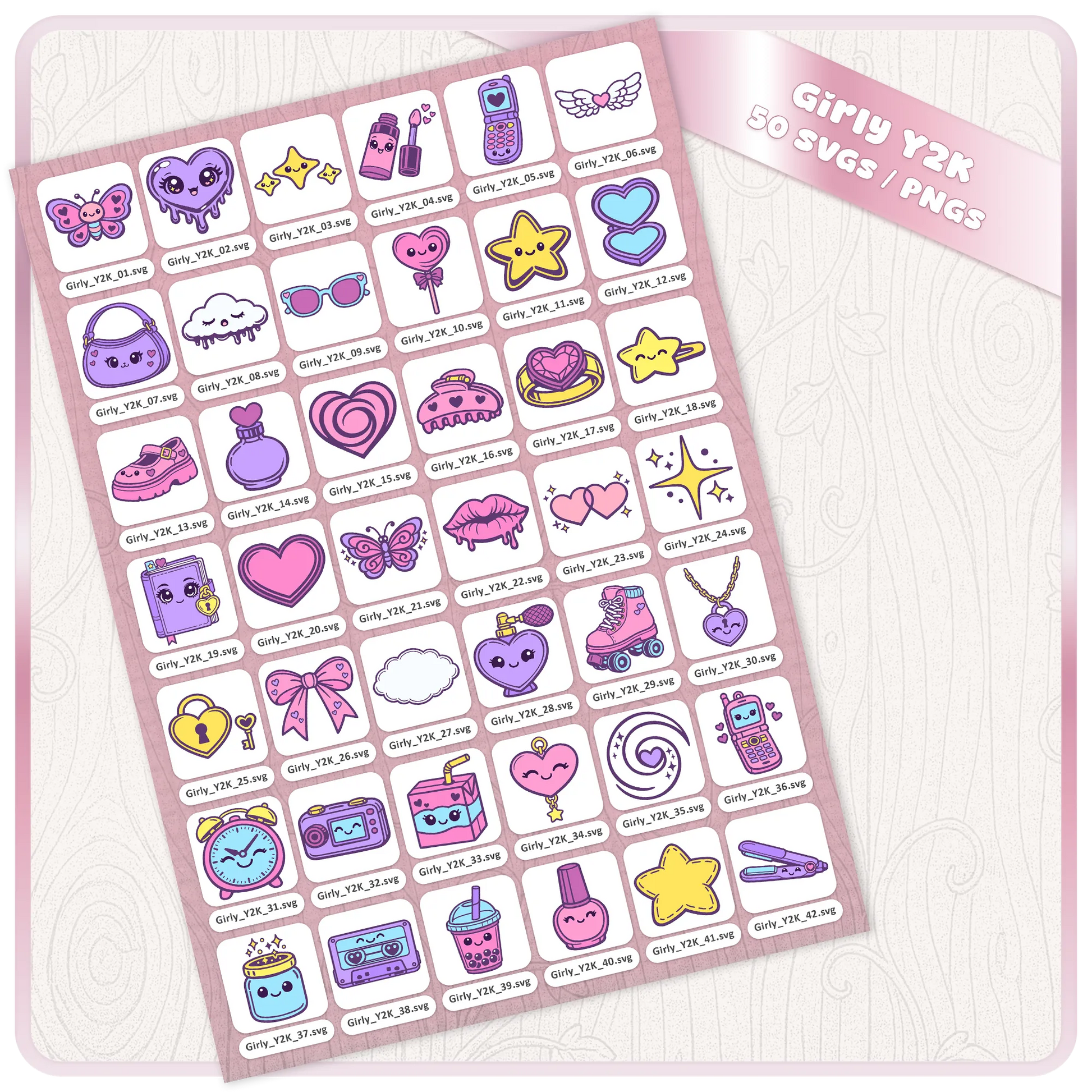 Girly Y2K 50 SVG PNG bundle preview sheet showing cute kawaii pastel clipart files for Cricut, stickers, sublimation, planners, and digital crafts.