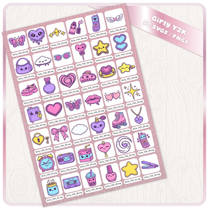 Girly Y2K 50 SVG PNG bundle preview sheet showing cute kawaii pastel clipart files for Cricut, stickers, sublimation, planners, and digital crafts.