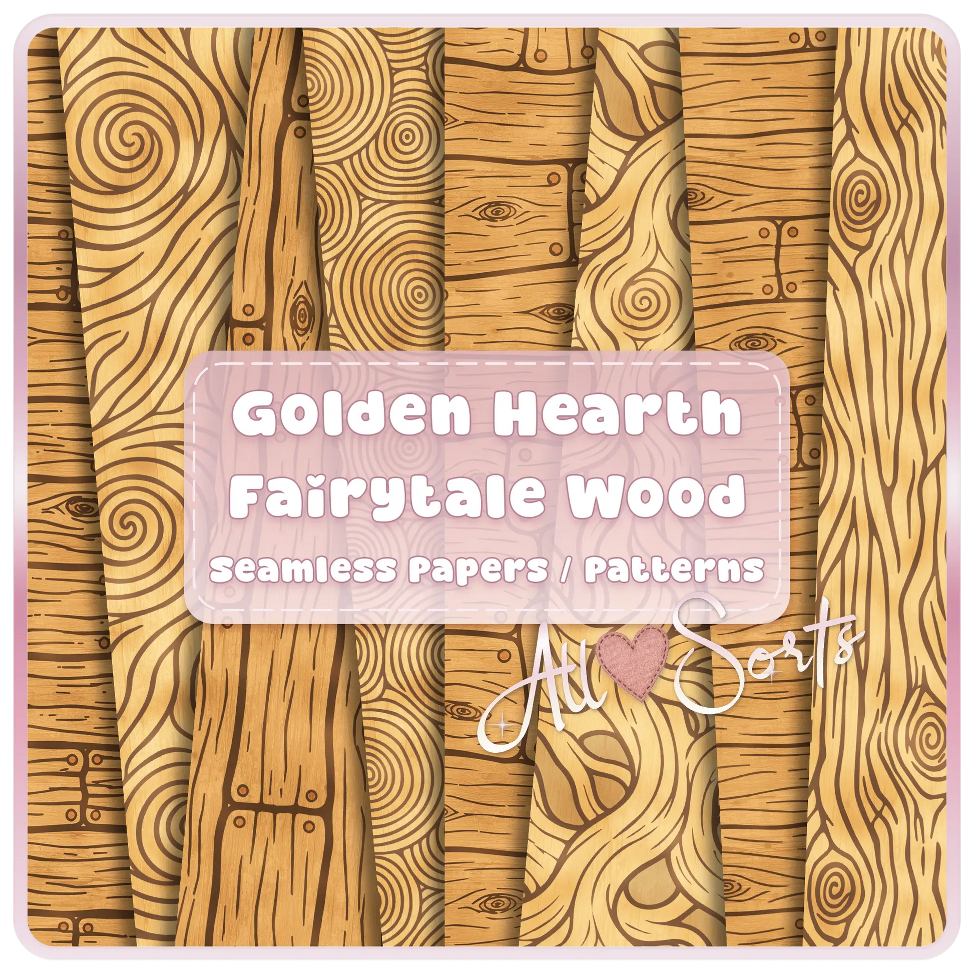 Golden Hearth Fairytale Wood seamless digital paper pack preview with golden woodgrain, rustic plank, spiral knot, and carved woodland patterns.