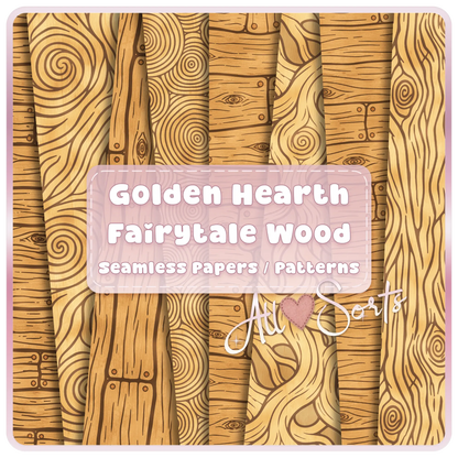 Golden Hearth Fairytale Wood seamless digital paper pack preview with golden woodgrain, rustic plank, spiral knot, and carved woodland patterns.