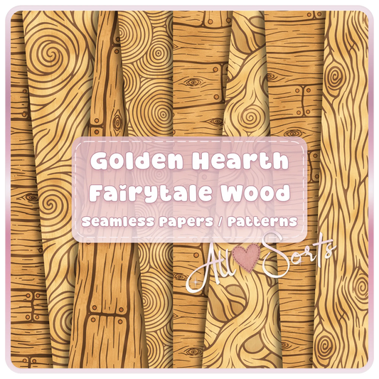 Golden Hearth Fairytale Wood seamless digital paper pack preview with golden woodgrain, rustic plank, spiral knot, and carved woodland patterns.