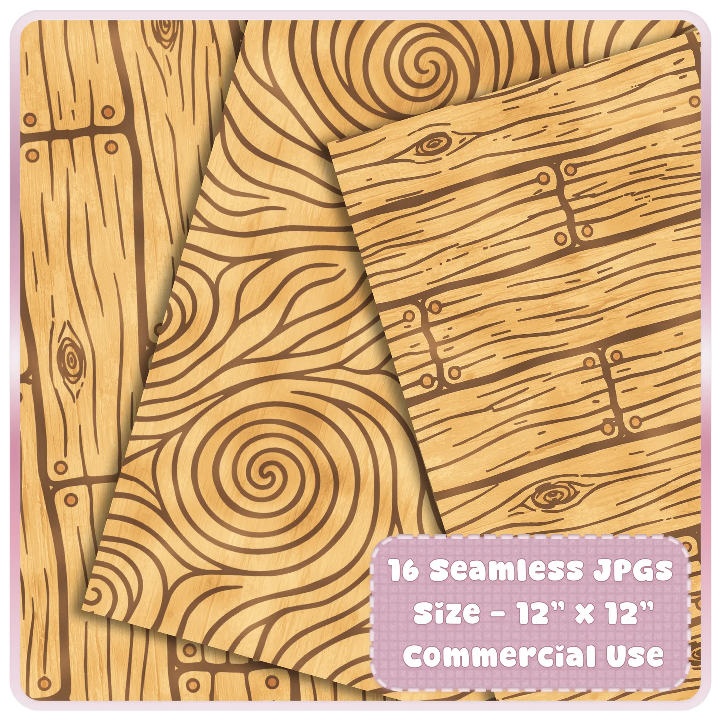 Close-up preview of seamless fairytale wood digital papers featuring golden wood planks, swirling tree rings, and rustic woodland texture designs.