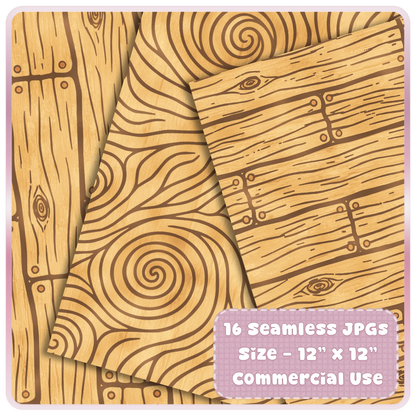 Close-up preview of seamless fairytale wood digital papers featuring golden wood planks, swirling tree rings, and rustic woodland texture designs.