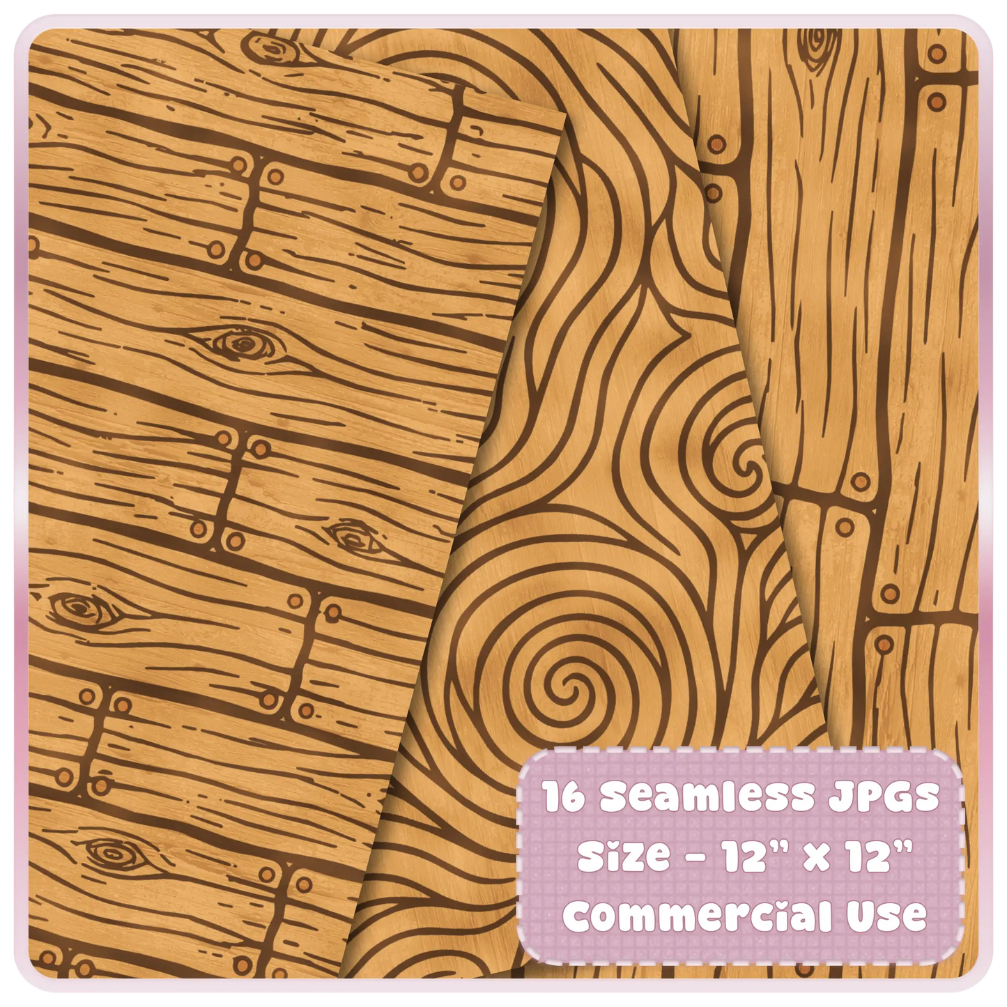 Golden fairytale wood seamless pattern preview with rustic plank texture, spiral woodgrain knots, and warm carved woodland details.