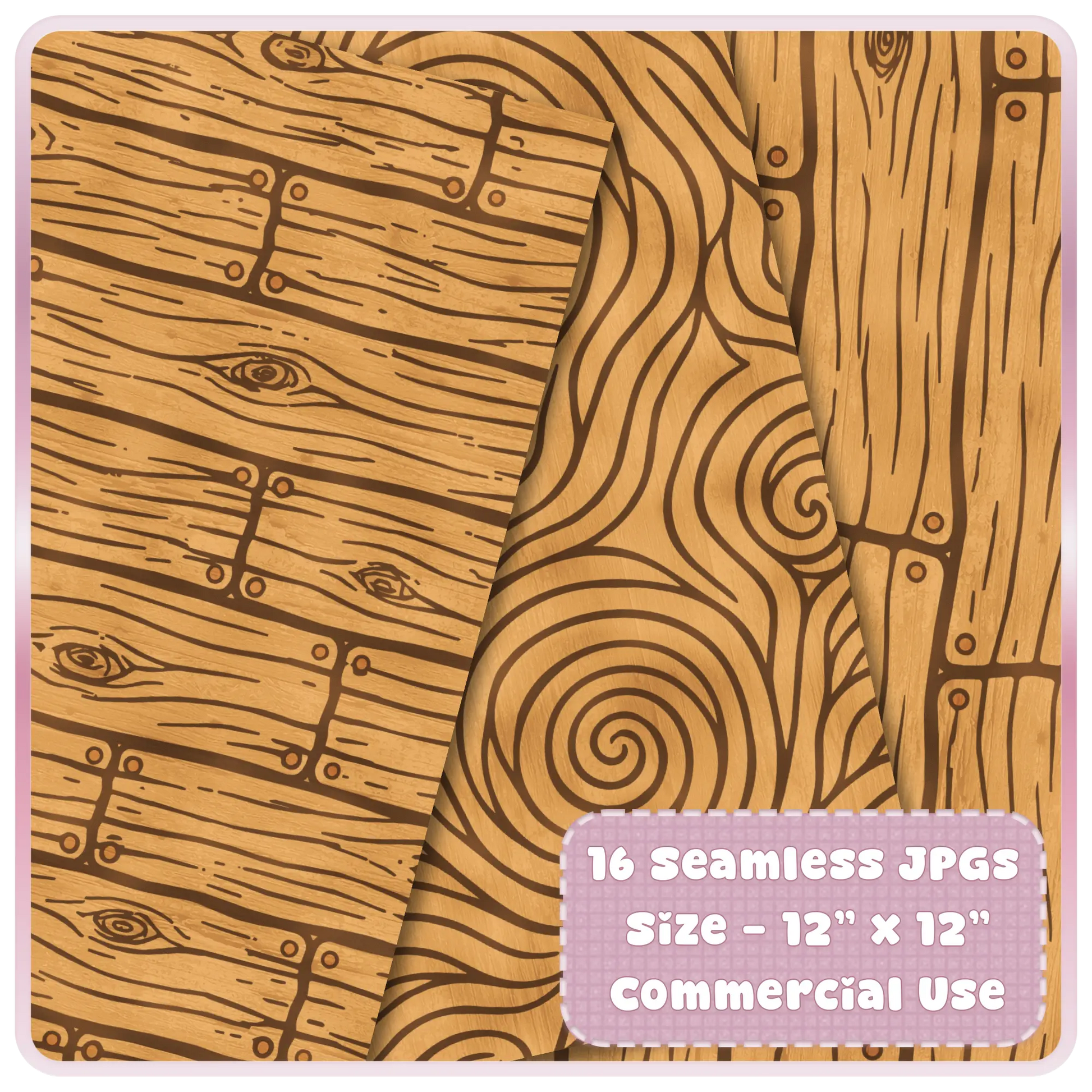 Golden fairytale wood seamless pattern preview with rustic plank texture, spiral woodgrain knots, and warm carved woodland details.