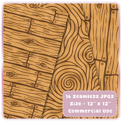 Golden fairytale wood seamless pattern preview with rustic plank texture, spiral woodgrain knots, and warm carved woodland details.