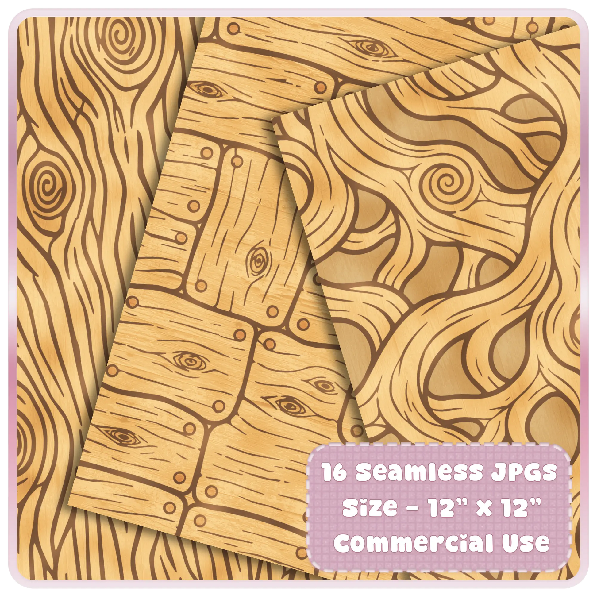 Fairytale wood digital paper mockup showing golden rustic planks, leafy carved woodgrain, and seamless woodland scrapbook patterns.